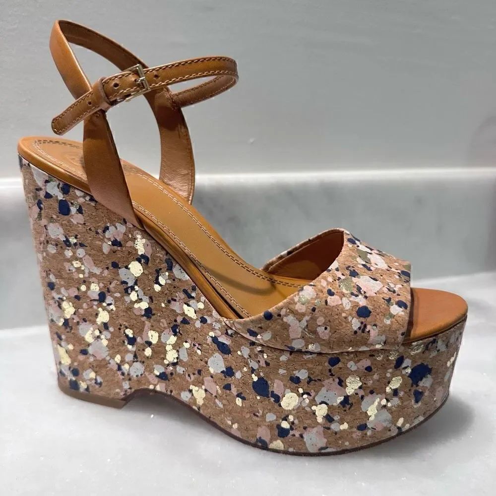 Tory Burch Solana Women's Ankle Buckle Strap Confetti Cork Platform Wedge Size 7